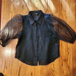 Marc New York Andrew Marc Organza Black Swiss Polka Dot Sheer Button Blouse L